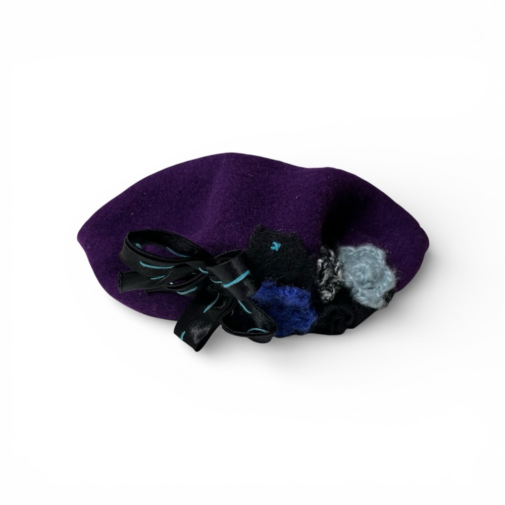 Alessandra Bacci Firenze Purple Women’s Wool Beret Floral Ribbon Detail Vintage